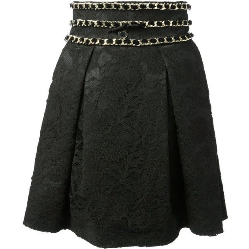 Couture Pleated Floral Lace Gold Chain Belt Hi Waist Skirt